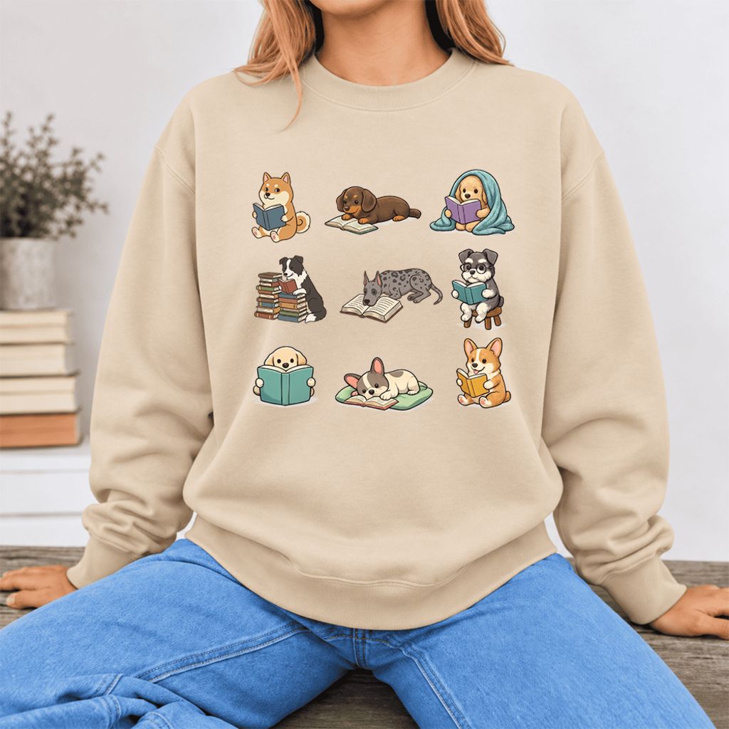 Funny Reading Dogs Embroidered Sweatshirt | Dog Mom Reader Gift Sand