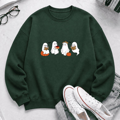 Halloween Ghosts Reading Printed Sweatshirt | Spooky Book Lover Gift Forest Green