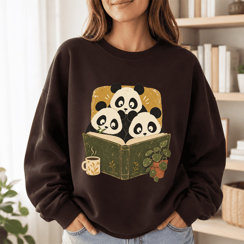 Curious Pandas Reading Crewneck Sweatshirt | Panda Lover & Reader Gift Dark Chocolate