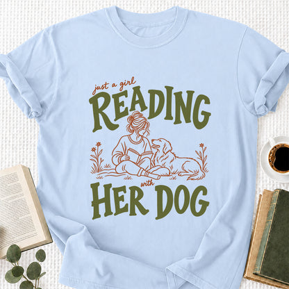 Just A Girl Reading With Her Dog Softstyle T-Shirt | Book Lover Gift Light Blue
