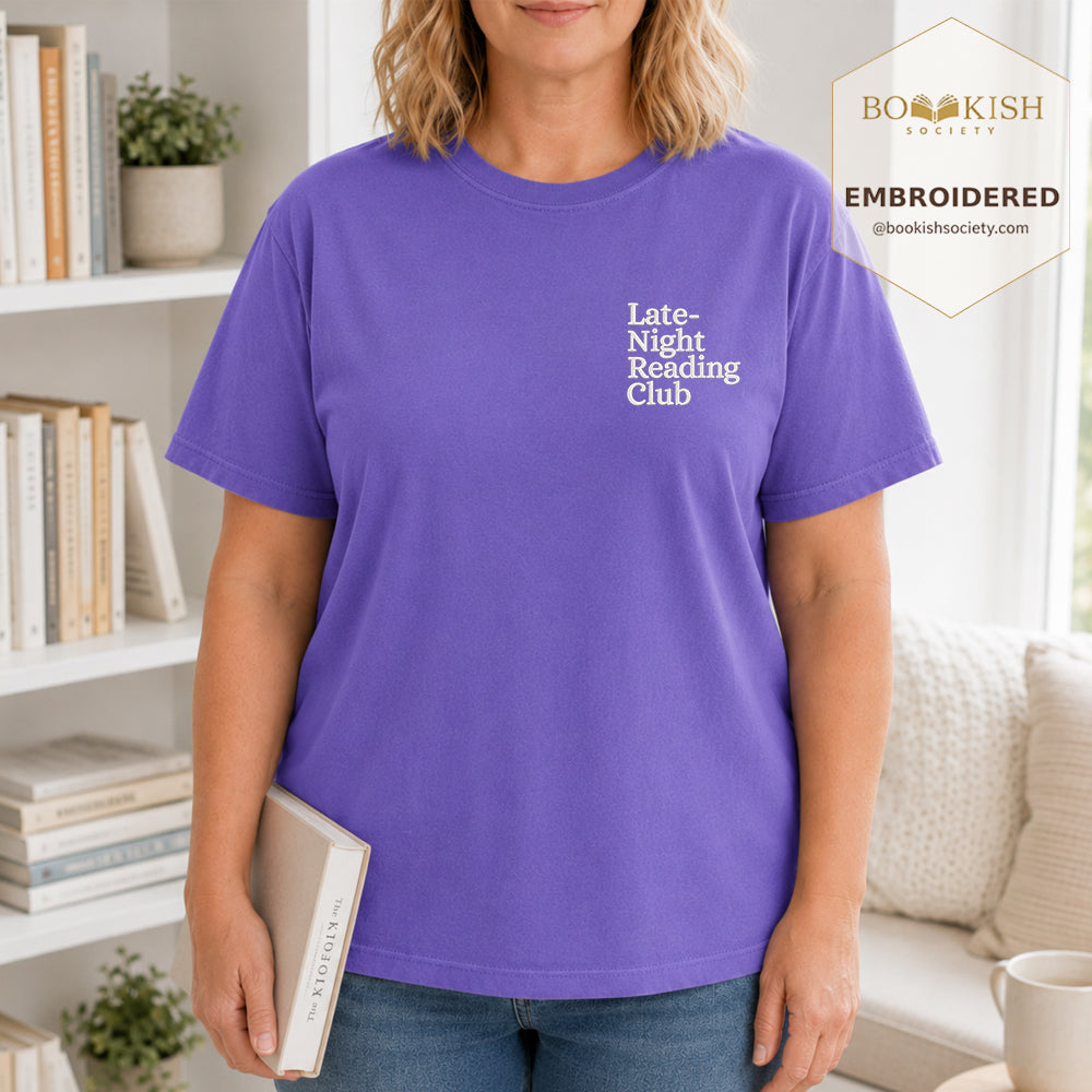 Late Night Reading Club Embroidered Comfort Color® T-shirt | Book Lover Gift Violet