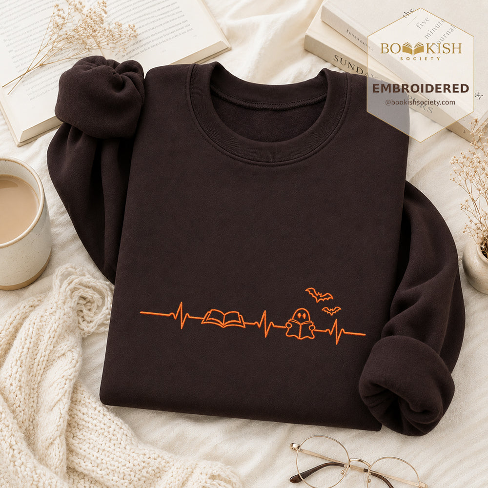 Reading Heartbeat Embroidered Sweatshirt | Spooky Halloween Book Lover Gift Dark Chocolate