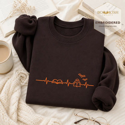 Reading Heartbeat Embroidered Sweatshirt | Spooky Halloween Book Lover Gift Dark Chocolate