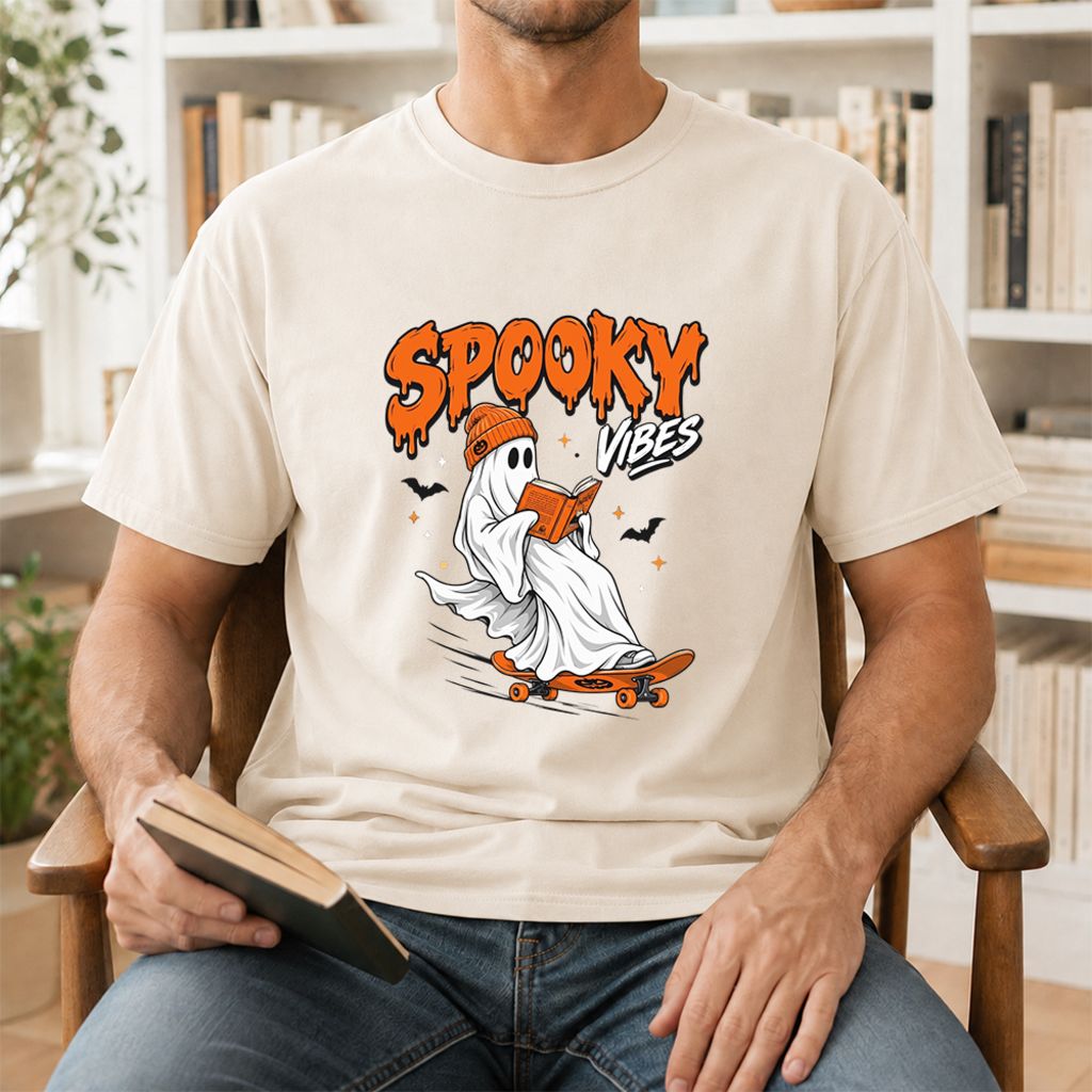 Spooky Vibes Printed T-Shirt | Halloween Book Lover Gift Natural