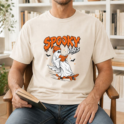 Spooky Vibes Printed T-Shirt | Halloween Book Lover Gift Natural