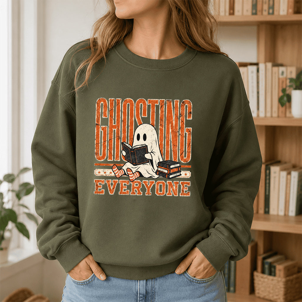 Ghosting Everyone Printed Sweatshirt | Halloween Book Lover Gift Military Green