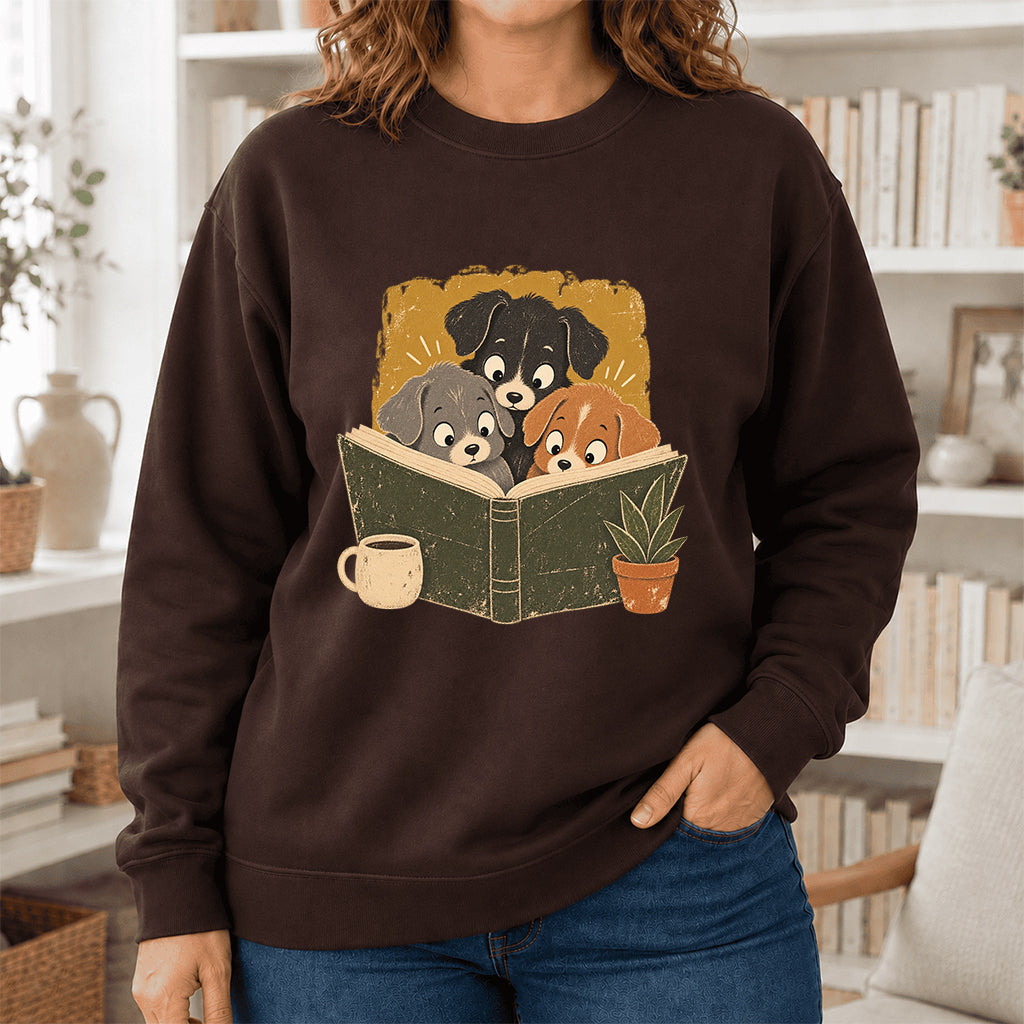 Minimal Japanese Dogs Reading Crewneck Sweatshirt | Reader Gift Dark Chocolate