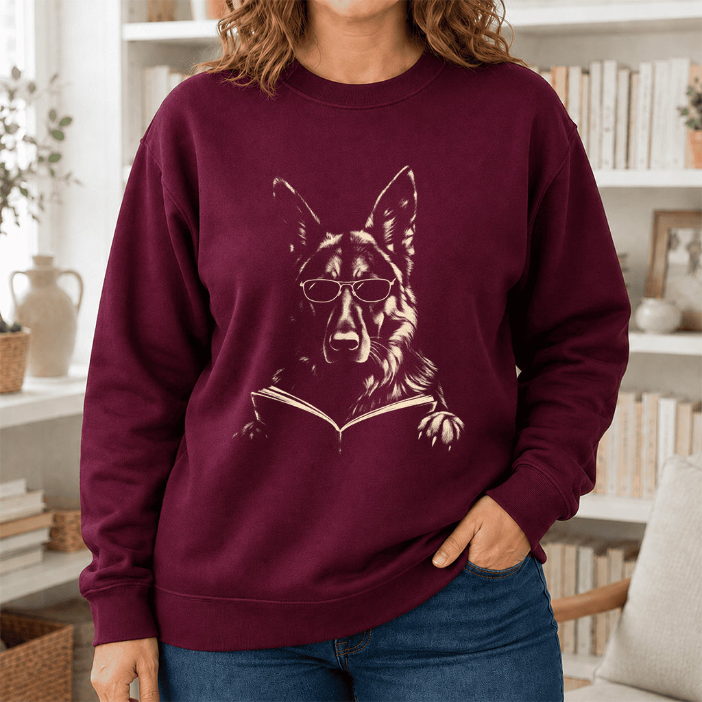 German Shepherd Reading Book Crewneck Sweatshirt | Reader Gift Maroon