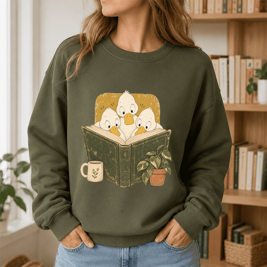 Minimal Japanese Ducks Reading Crewneck Sweatshirt | Reader Gift Military Green