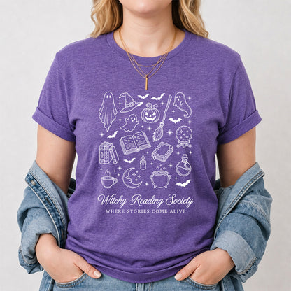 Witchy Reading Society Printed T-Shirt | Halloween Reader Gift Heather Purple