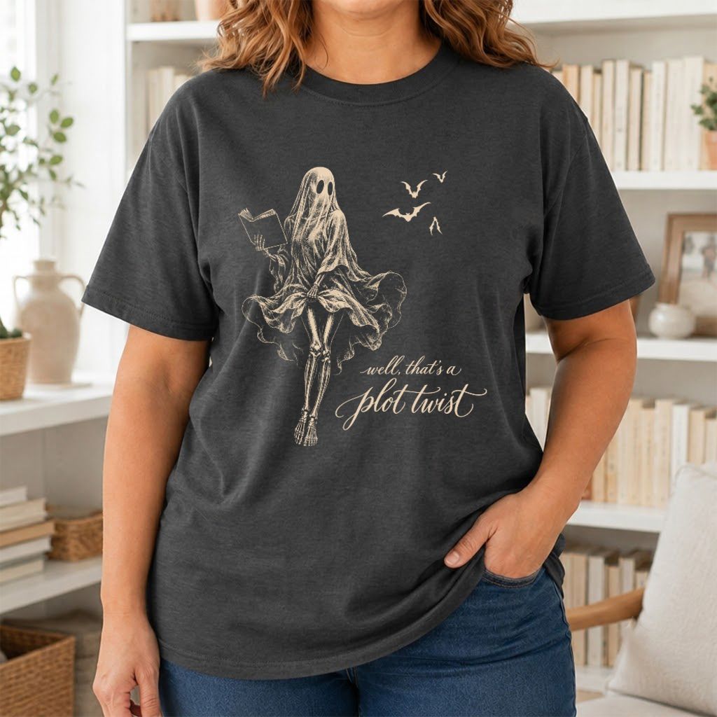 Funny Dress-Wearing Bookworm Ghost Printed T-Shirt | Halloween Book Lover Gift Dark Heather