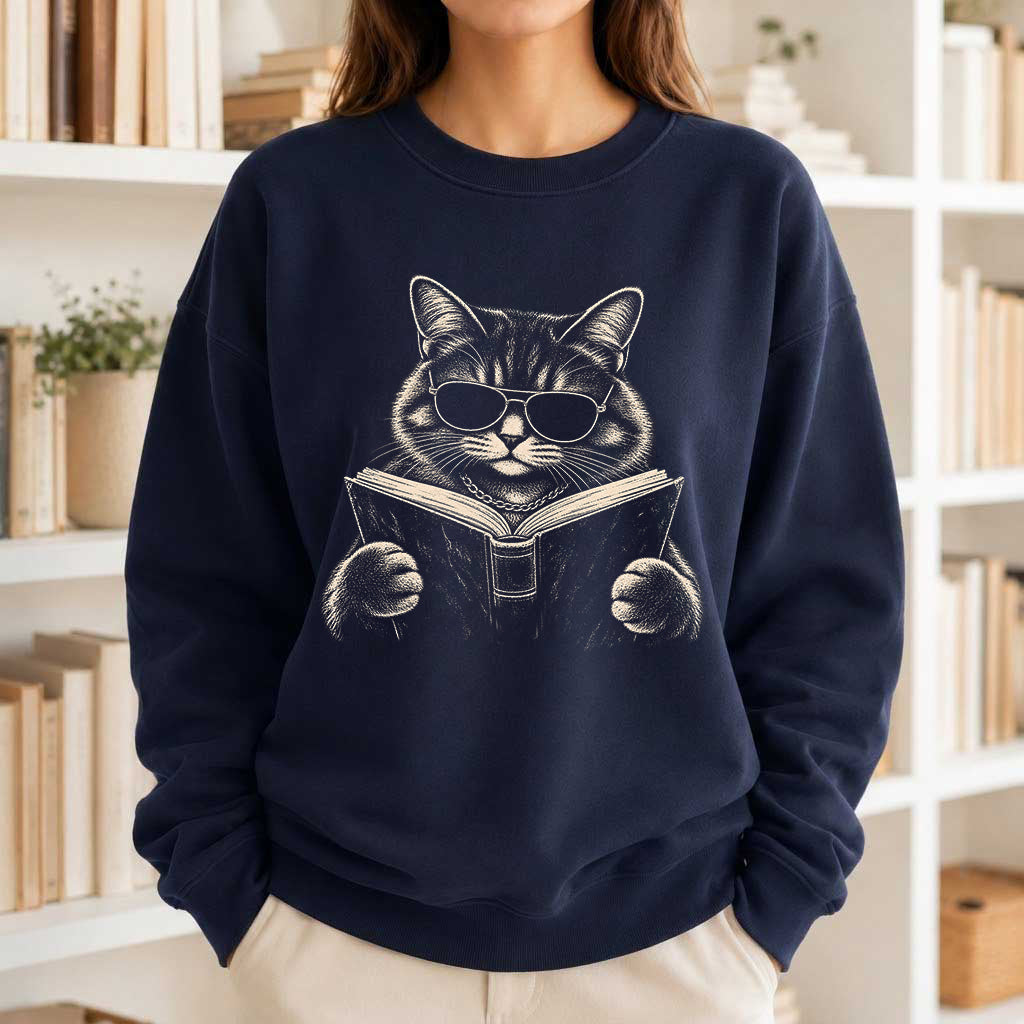 Cat Reading Book Crewneck Sweatshirt | Reader Gift Navy