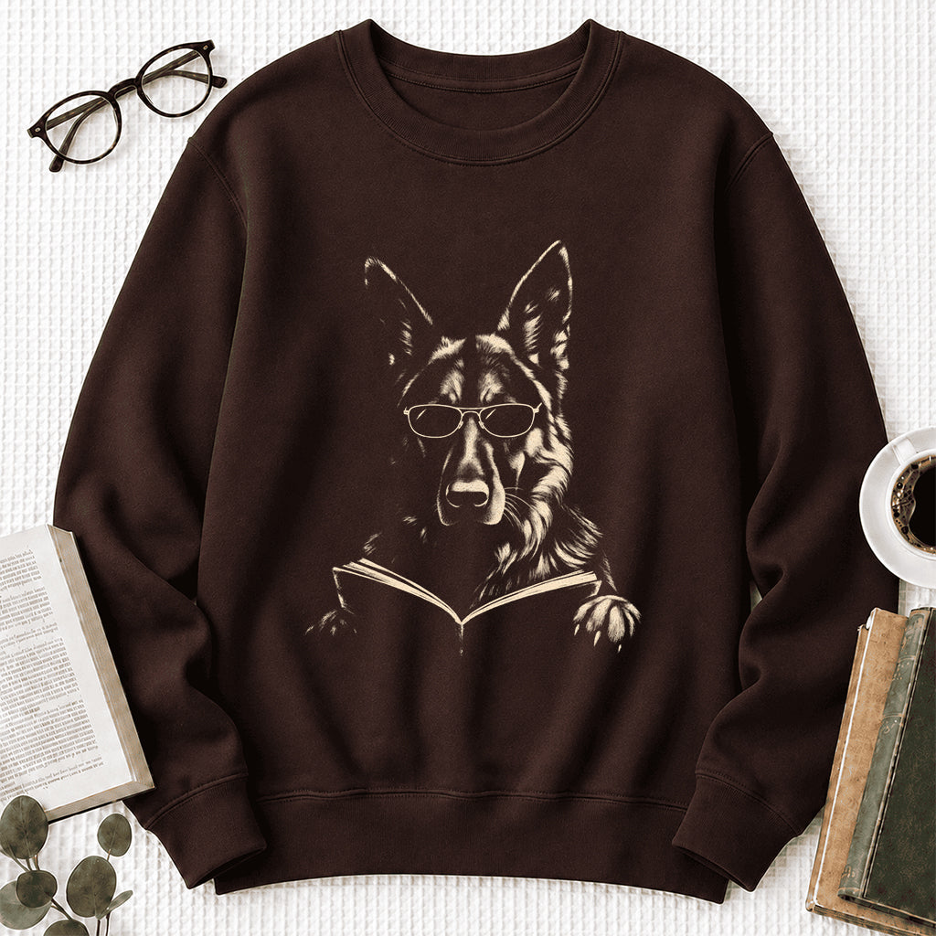 German Shepherd Reading Book Crewneck Sweatshirt | Reader Gift Dark Chocolate