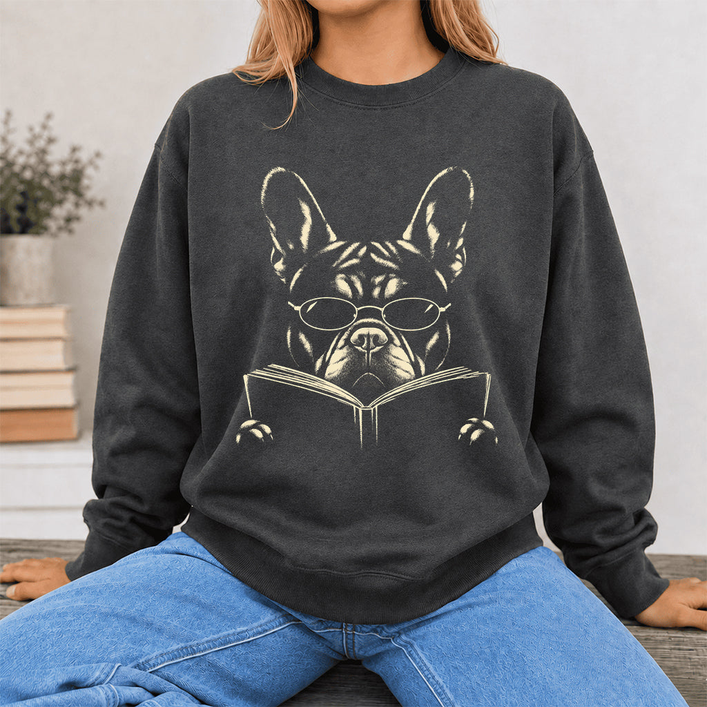 French Bulldog Reading Book Crewneck Sweatshirt | Reader Gift Dark Heather