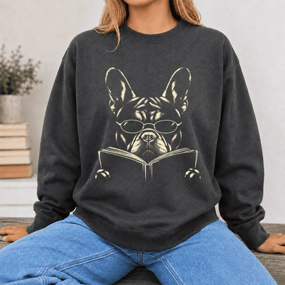 French Bulldog Reading Book Crewneck Sweatshirt | Reader Gift Dark Heather