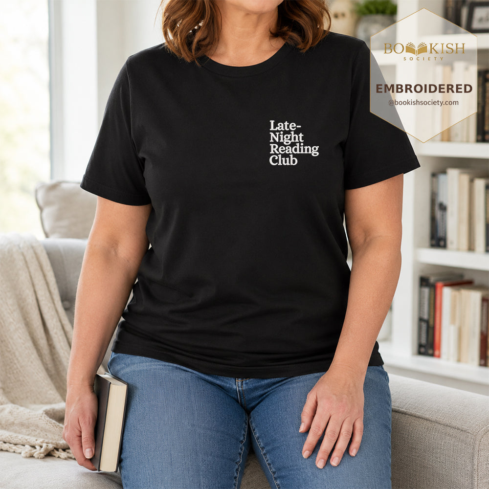 Late Night Reading Club Embroidered Comfort Color® T-shirt | Book Lover Gift Black