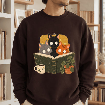 Minimal Japanese Cats Reading Crewneck Sweatshirt | Reader Gift Dark Chocolate