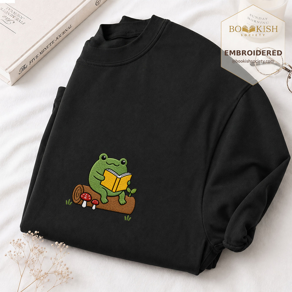 Embroidered Frog on Log Reading Book Comfort Color® T-shirt Book Lover Gift Black