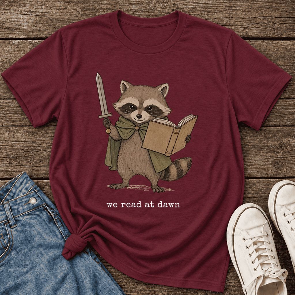 We Read At Dawn Funny Racoon Ultra-Soft Cotton T-Shirt | Playful Reader Gift Maroon