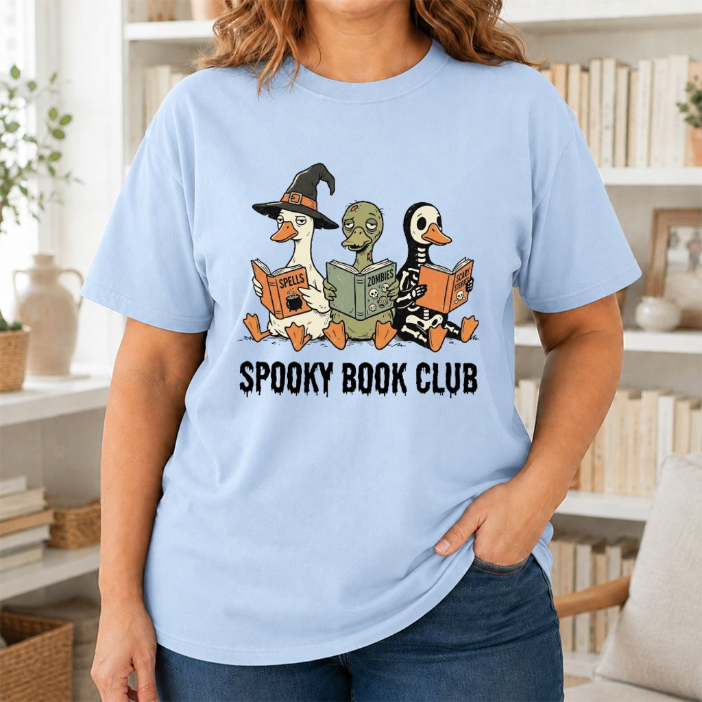 Spooky Book Club Printed T-Shirt | Halloween Book Lover Gift Light Blue