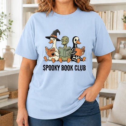 Spooky Book Club Printed T-Shirt | Halloween Book Lover Gift Light Blue