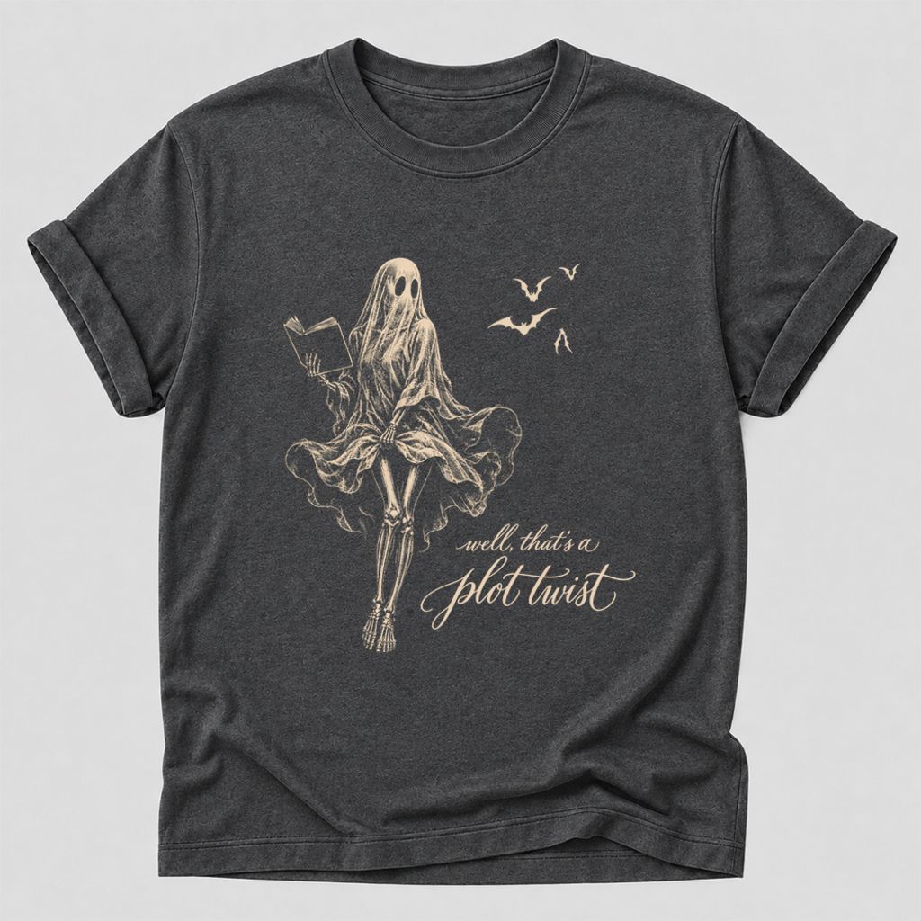 Funny Dress-Wearing Bookworm Ghost Printed T-Shirt | Halloween Book Lover Gift Dark Heather