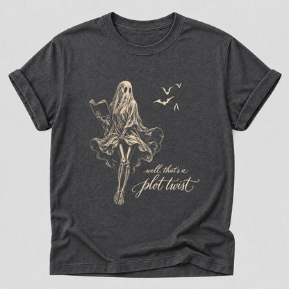Funny Dress-Wearing Bookworm Ghost Printed T-Shirt | Halloween Book Lover Gift Dark Heather