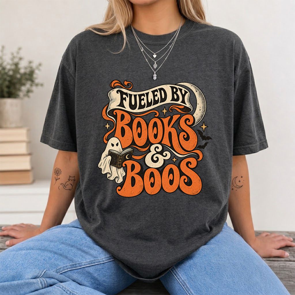 Fueled By Books & Boos Printed T-Shirt | Halloween Book Lover Gift Dark Heather