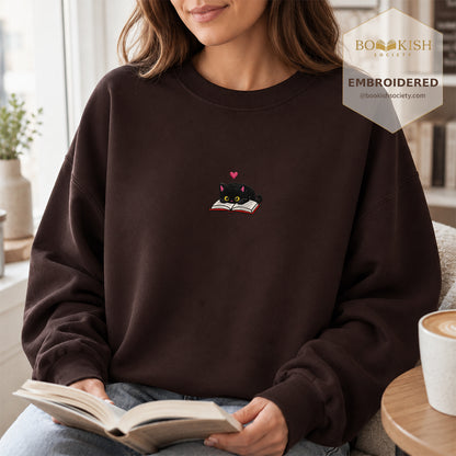 Black Cat and Book Embroidered Sweatshirt | Reader Gift Dark Chocolate