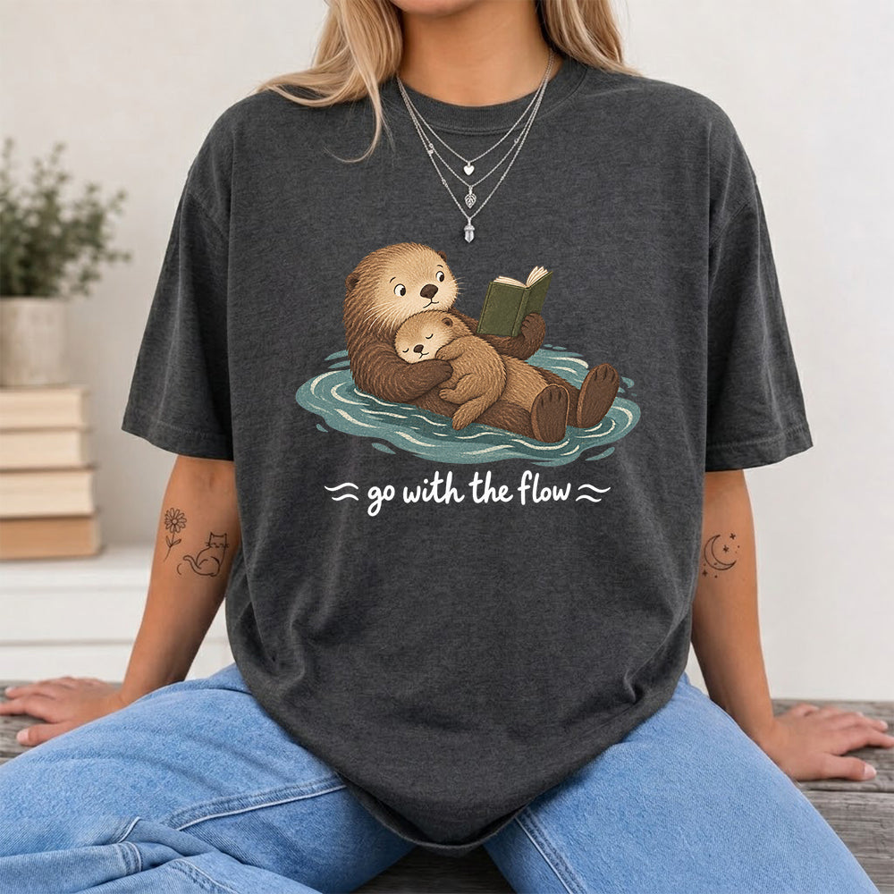 Go With The Flow Otter Reading Softstyle T-Shirt | Book Lover Gift Dark Heather