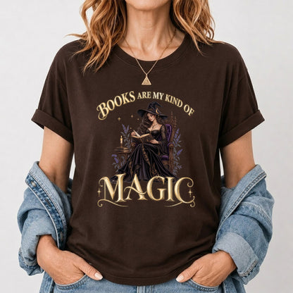 Books Are My Kind Of Magic Printed T-Shirt | Halloween Feminine Magic Reader Gift Dark Chocolate