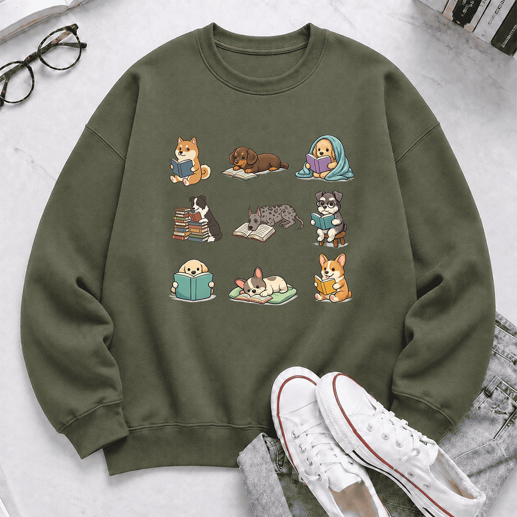 Funny Dogs Reading Crewneck Sweatshirt | Reader Gift Military Green