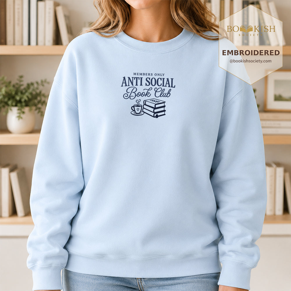 Anti-Social Book Club Embroidered Sweatshirt | Reader Gift Light Blue