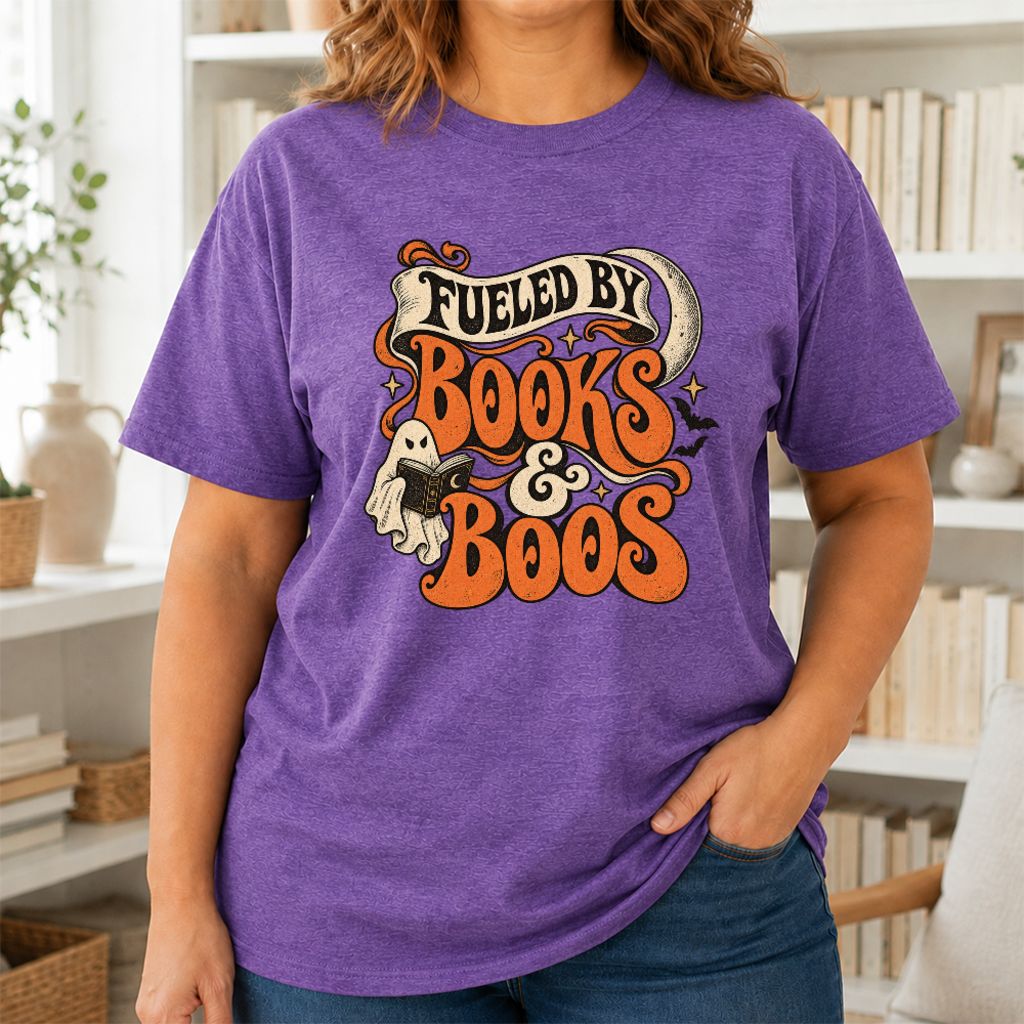 Fueled By Books & Boos Printed T-Shirt | Halloween Book Lover Gift Heather Purple
