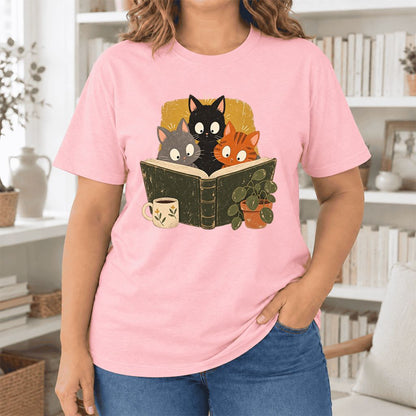 Curious Reading Cats Ultra-Soft Cotton T-Shirt | Cat Lover Reader Gift Pink