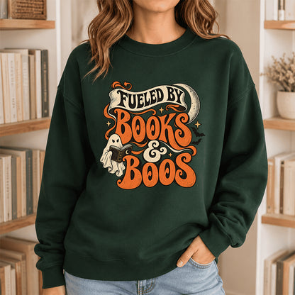 Fueled By Books & Boos Printed Sweatshirt | Halloween Book Lover Gift Forest Green