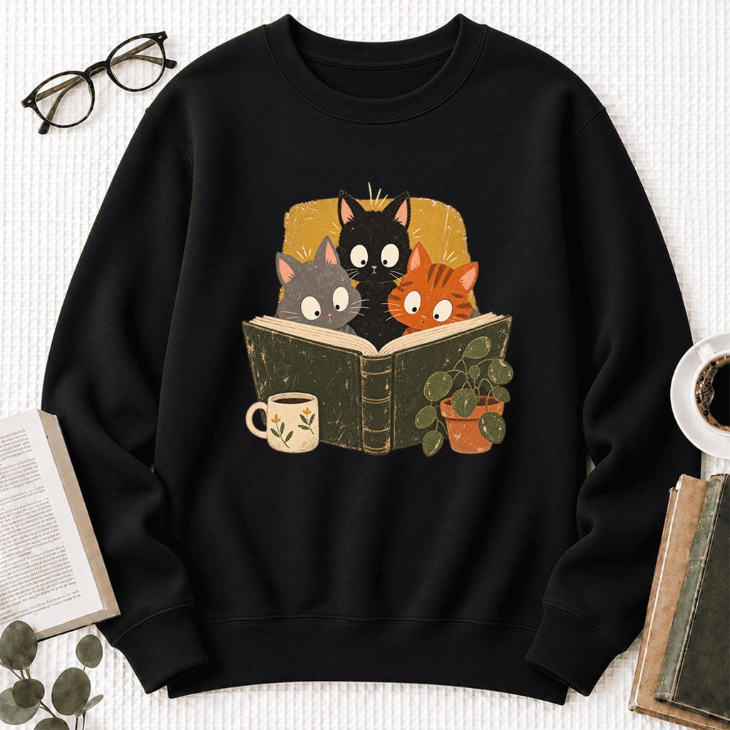 Curious Reading Cats Softstyle Sweatshirt | Cozy Book Lover Gift Black