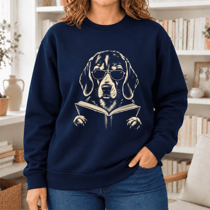 Beagle Reading Book Softstyle Sweatshirt | Dog Mom Reader Gift Navy