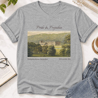 Pemberley House Pride And Prejudice Ultra-Soft V-Neck | Classic Literature Reader Gift Athletic Heather