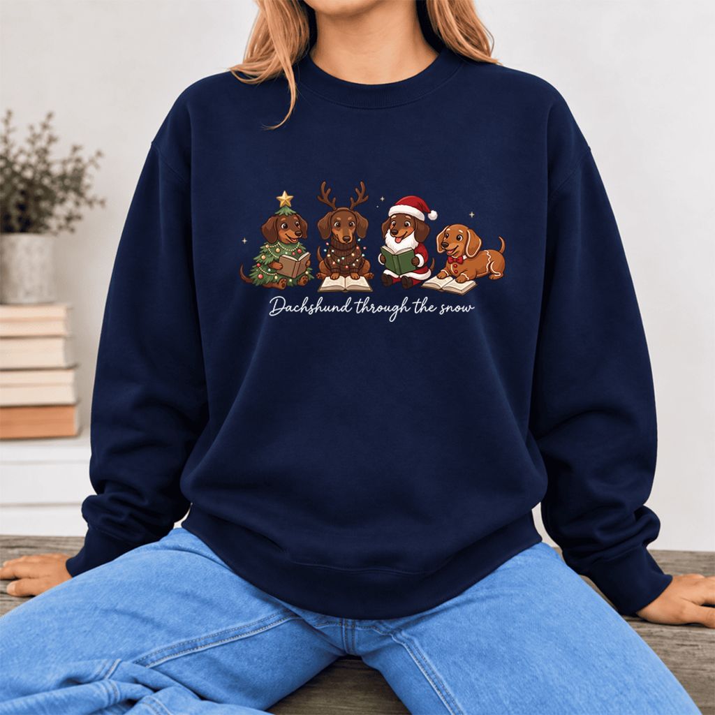 Dachshund Through The Snow Softstyle Sweatshirt | Christmas Book Lover Gift Navy