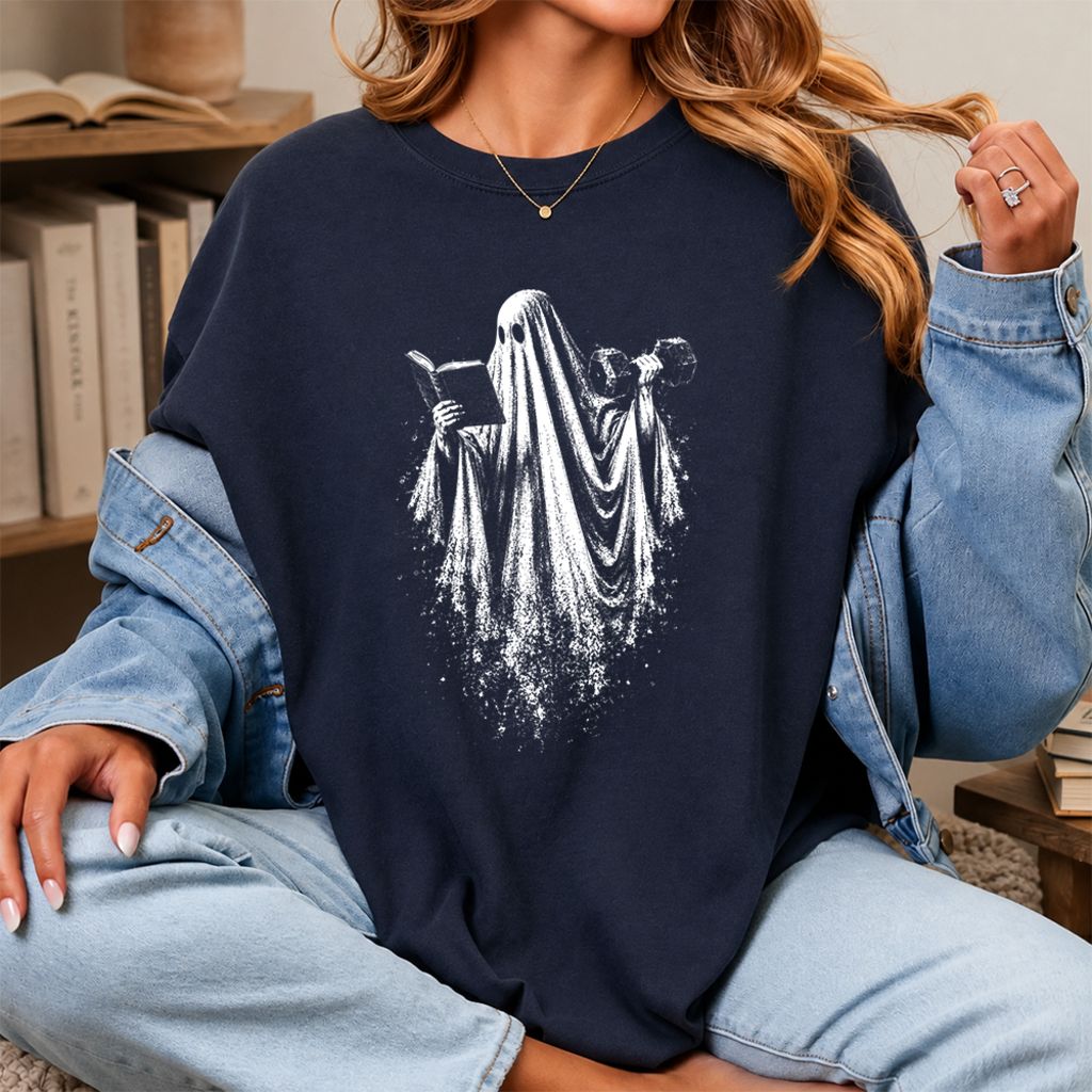 Reading Gym Ghost Printed T-Shirt | Halloween Book Lover Gift Navy