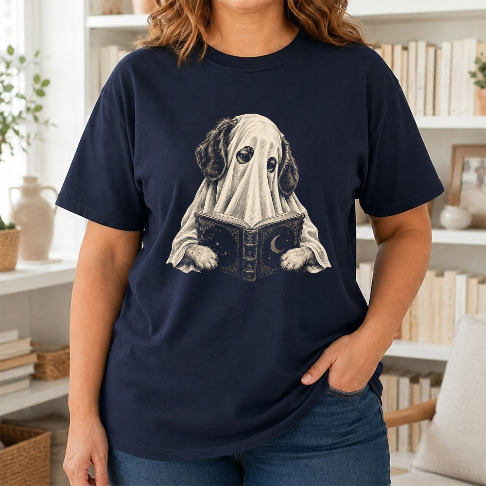 Reading Ghost Dog Printed T-Shirt | Halloween Dog Lover Gift Navy