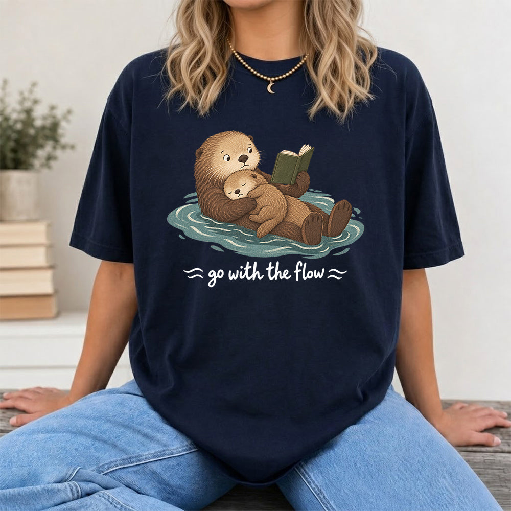 Go With The Flow Otter Reading Softstyle T-Shirt | Book Lover Gift Navy