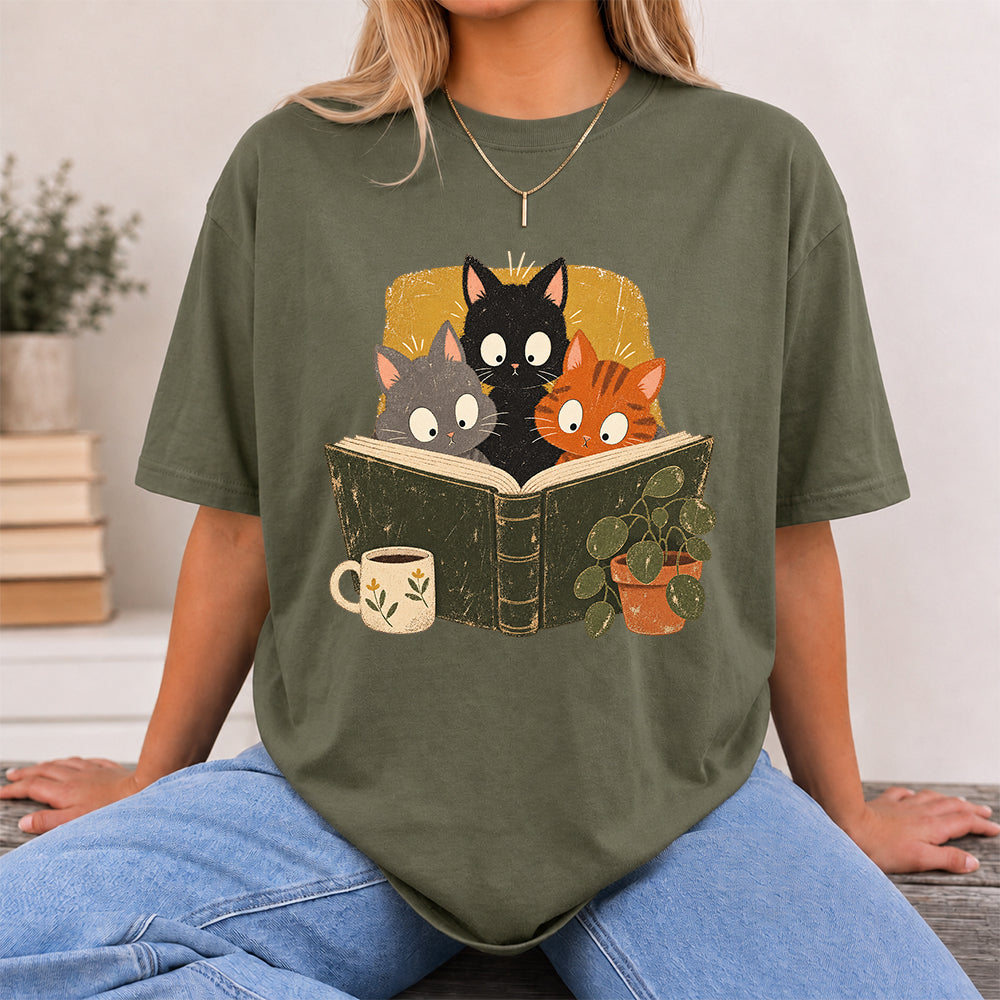 Minimal Japanese Cats Reading Softstyle T-Shirt | Book Lover Gift Military Green