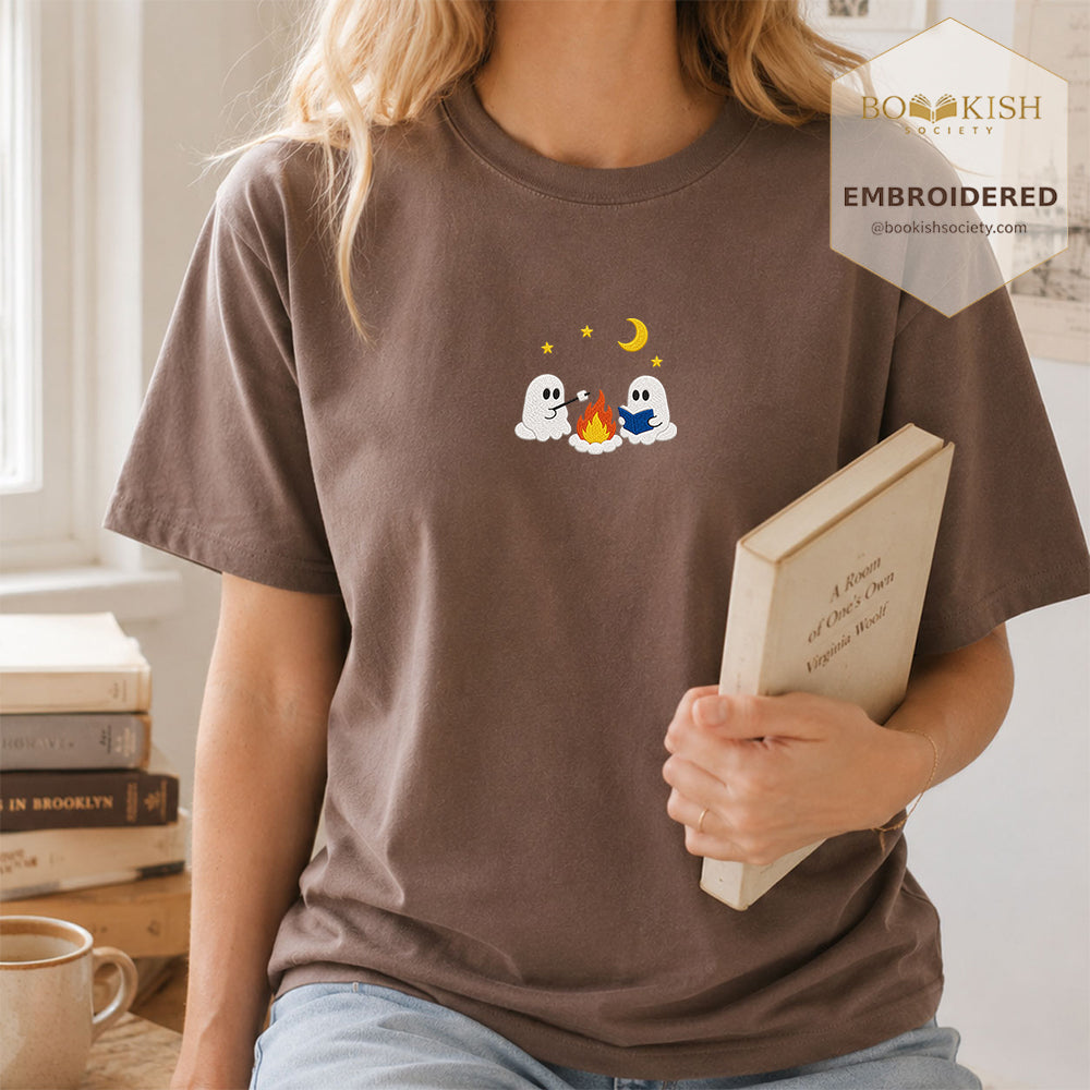 Embroidered Cute Ghost Camping Comfort Color® T-shirt Book Lover Gift Espresso