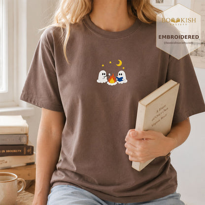 Embroidered Cute Ghost Camping Comfort Color® T-shirt Book Lover Gift Espresso