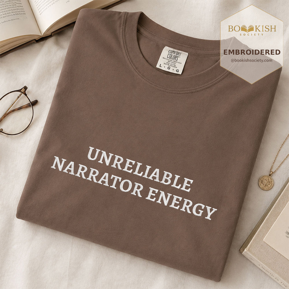 Embroidered Unreliable Narrator Energy Comfort Color® T-shirt Book Lover Gift Espresso