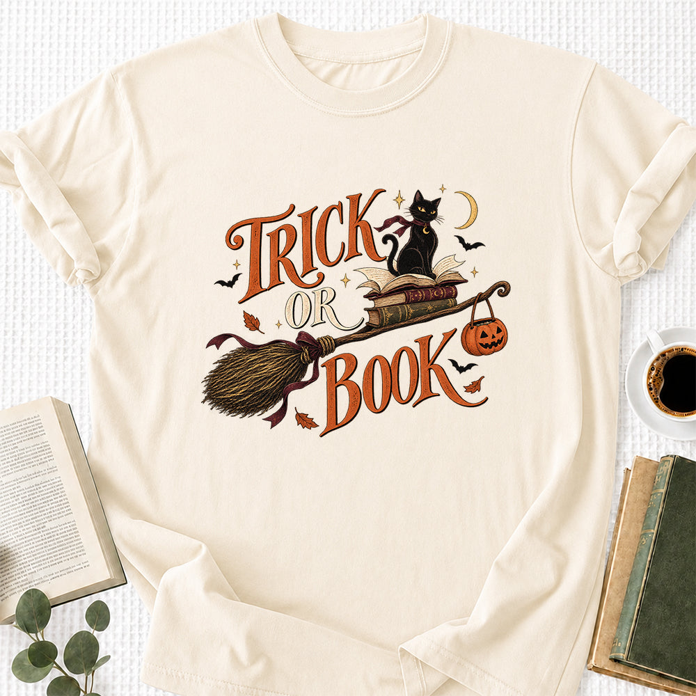 Trick Or Book Black Cat Printed T-Shirt | Halloween Book Lover Gift Natural