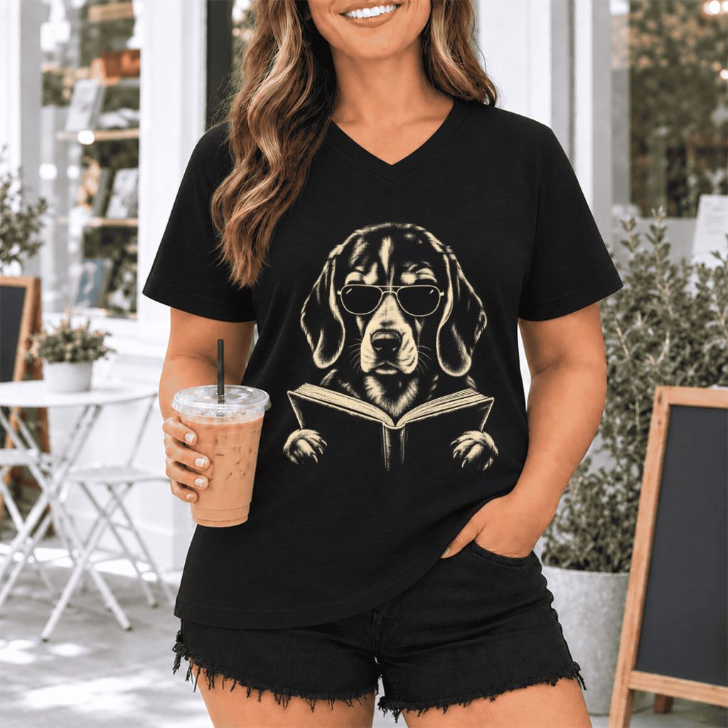 Beagle Reading Book Ultra-Soft V-Neck | Dog Mom Reader Gift Black