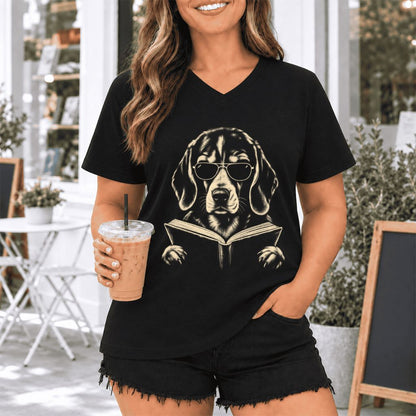 Beagle Reading Book Ultra-Soft V-Neck | Dog Mom Reader Gift Black
